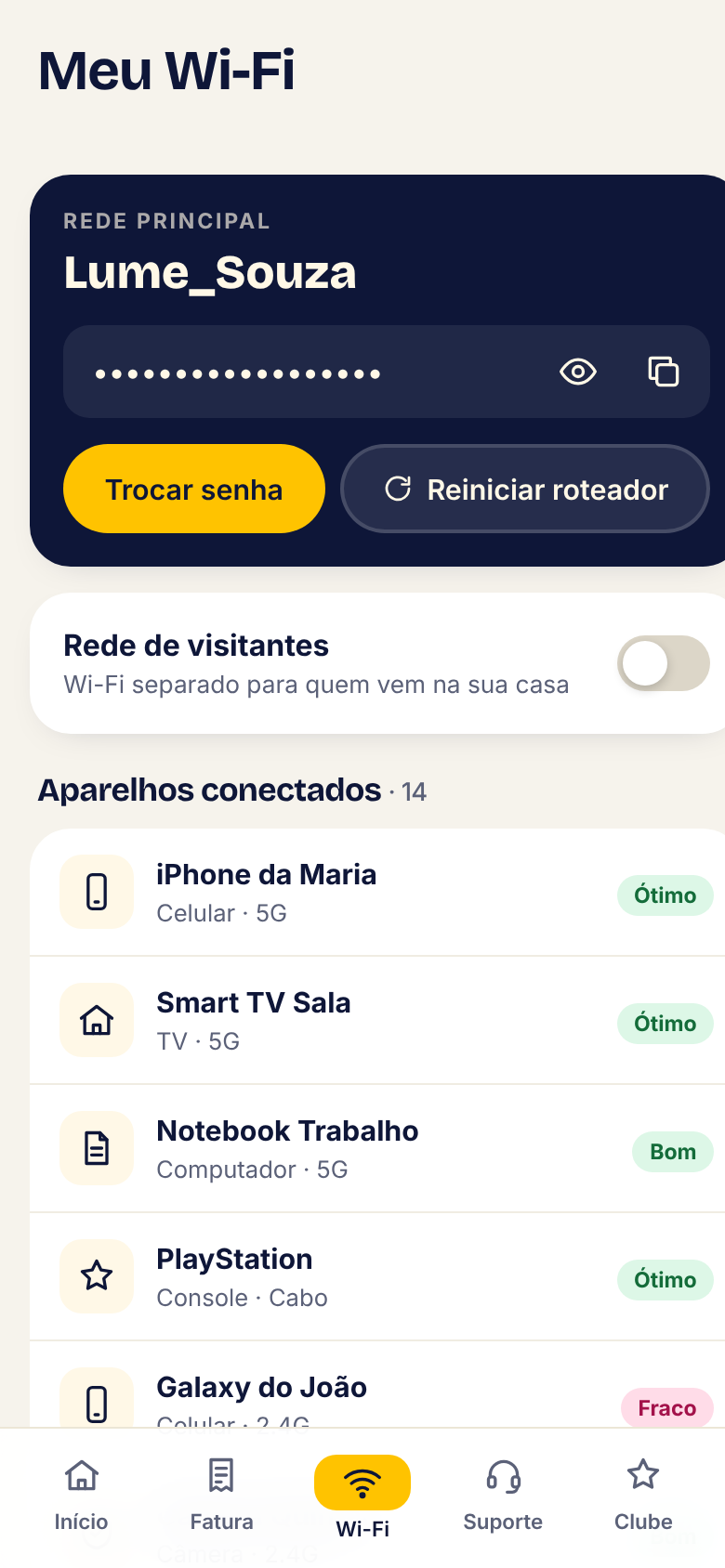 Senha do Wi-Fi e aparelhos conectados